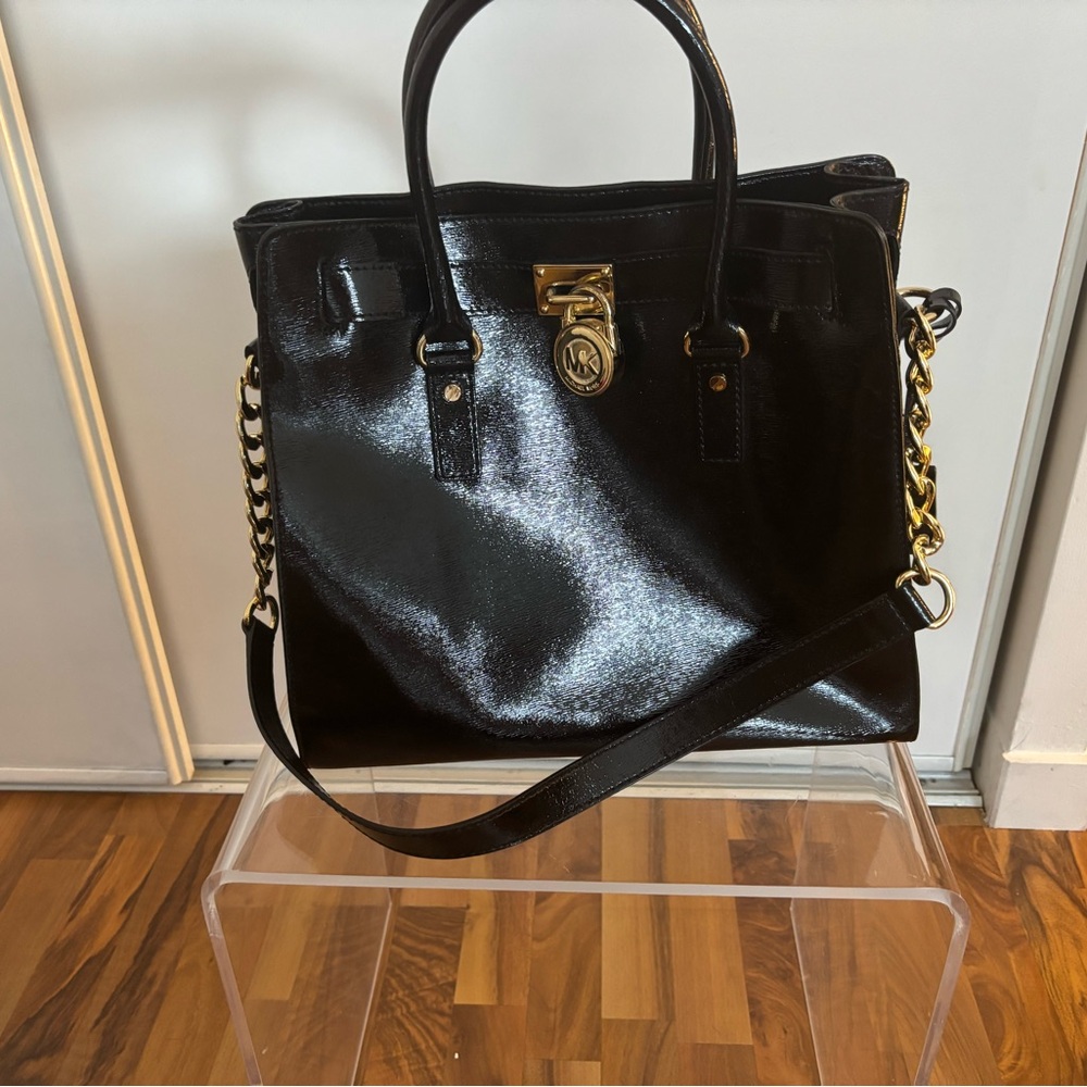 MICHAEL Michael Kors Shiny Black Satchel with Gold Hardware